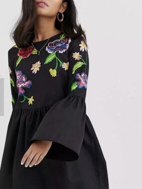 ASOS Black Mini Dress with Colorful Floral Embroidery